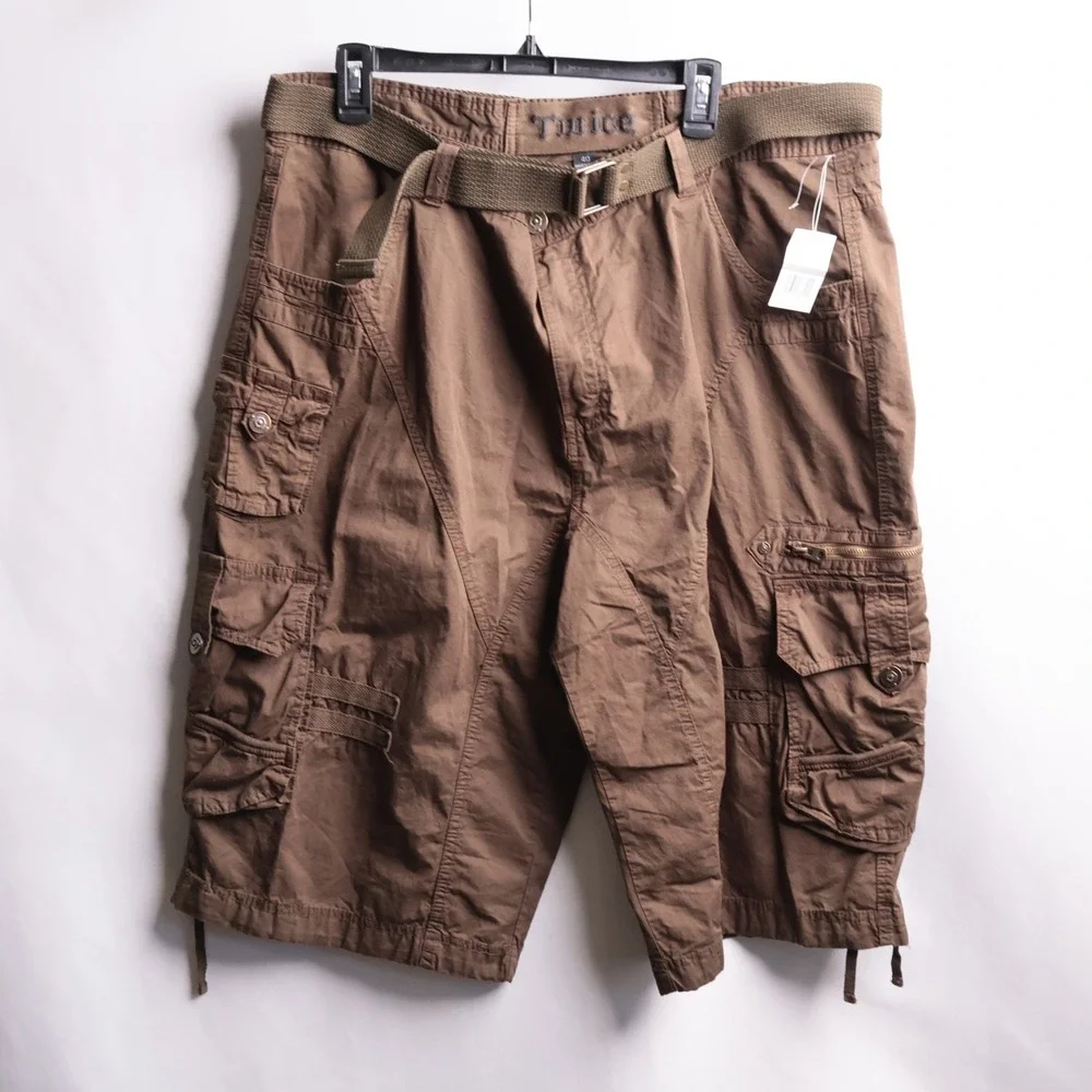NWT Twice Mens Utility Cargo Shorts Brown 40 Belted Multi Pocket Y2K Grunge $78